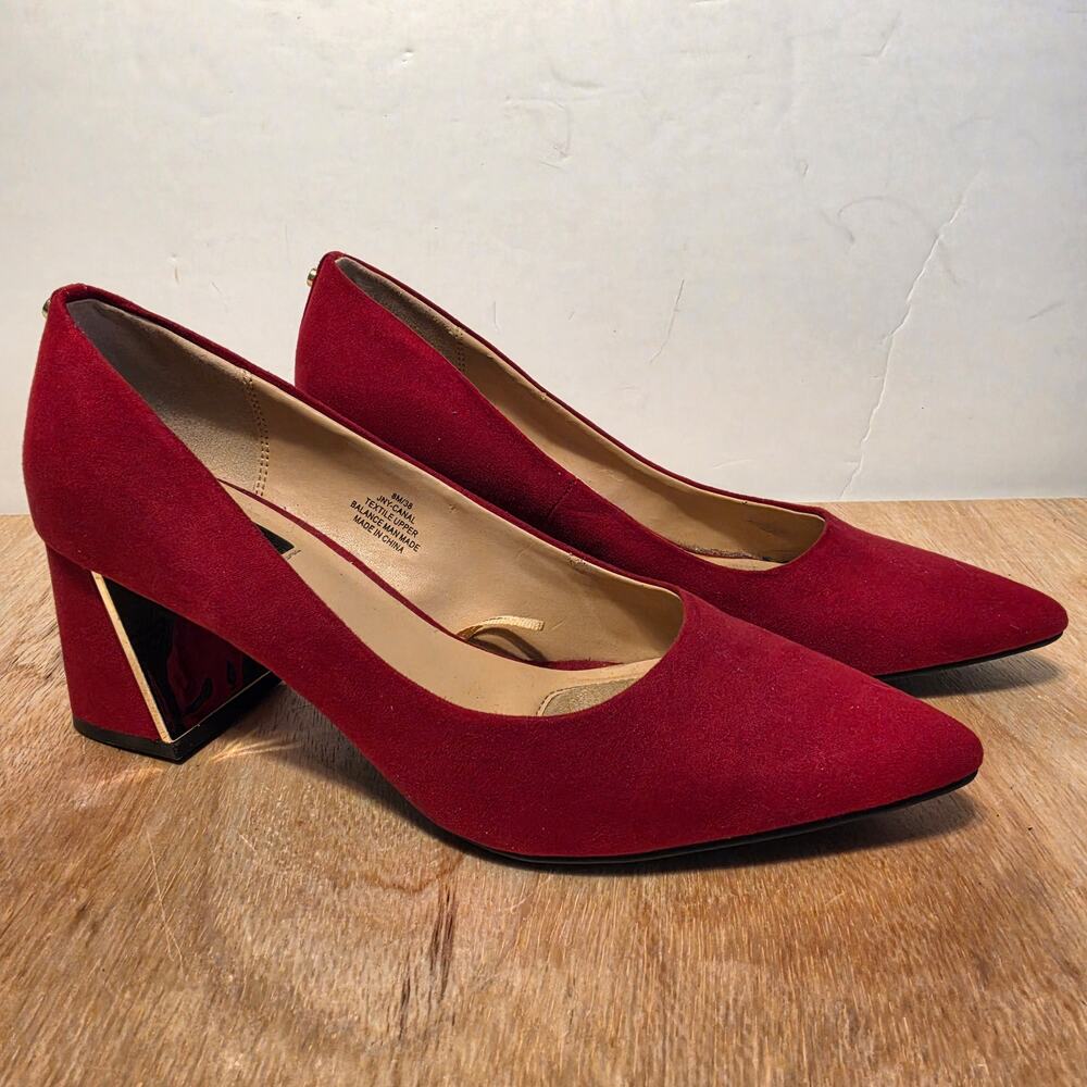 Jones New Your Red Suede Pointed-toe Pumps low block heel gold detail size 8